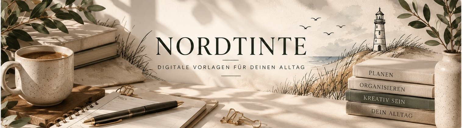 NordTinte – Digitale Vorlagen für deinen Alltag: Schreibtisch mit Kaffeetasse, Notizbuch und Büchern, im Hintergrund Dünen mit Leuchtturm